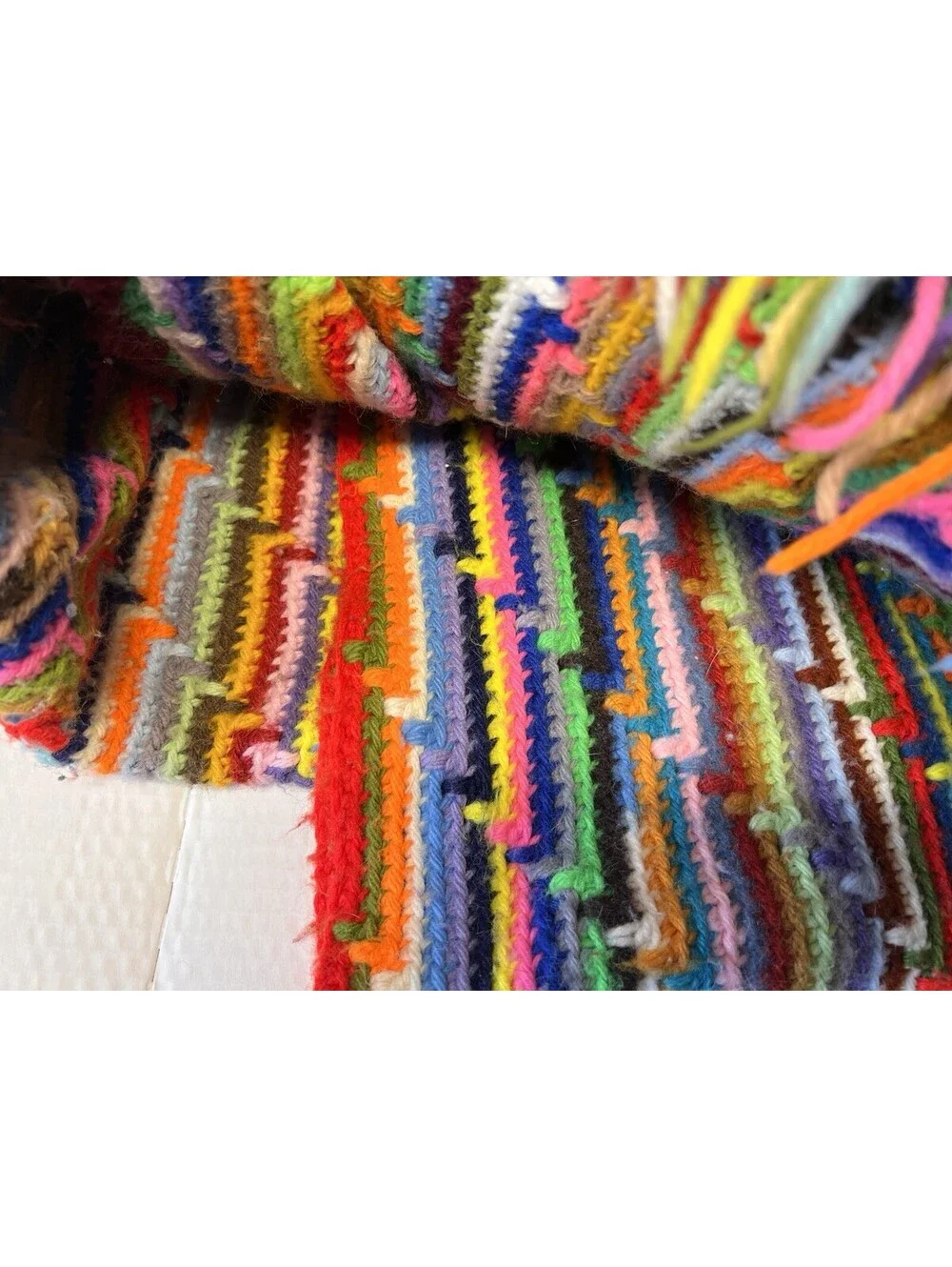 Large Knit Handmade Crocheted Afghan Blanket Rainbow Multi Color 80x92 Inch Vtg